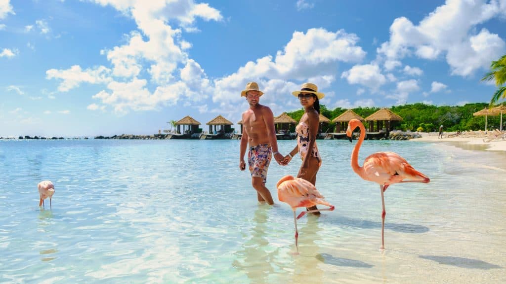 Man en vrouw met flamingo's op het strand op Aruba