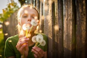 Meisje blaast tegen een paardenbloem